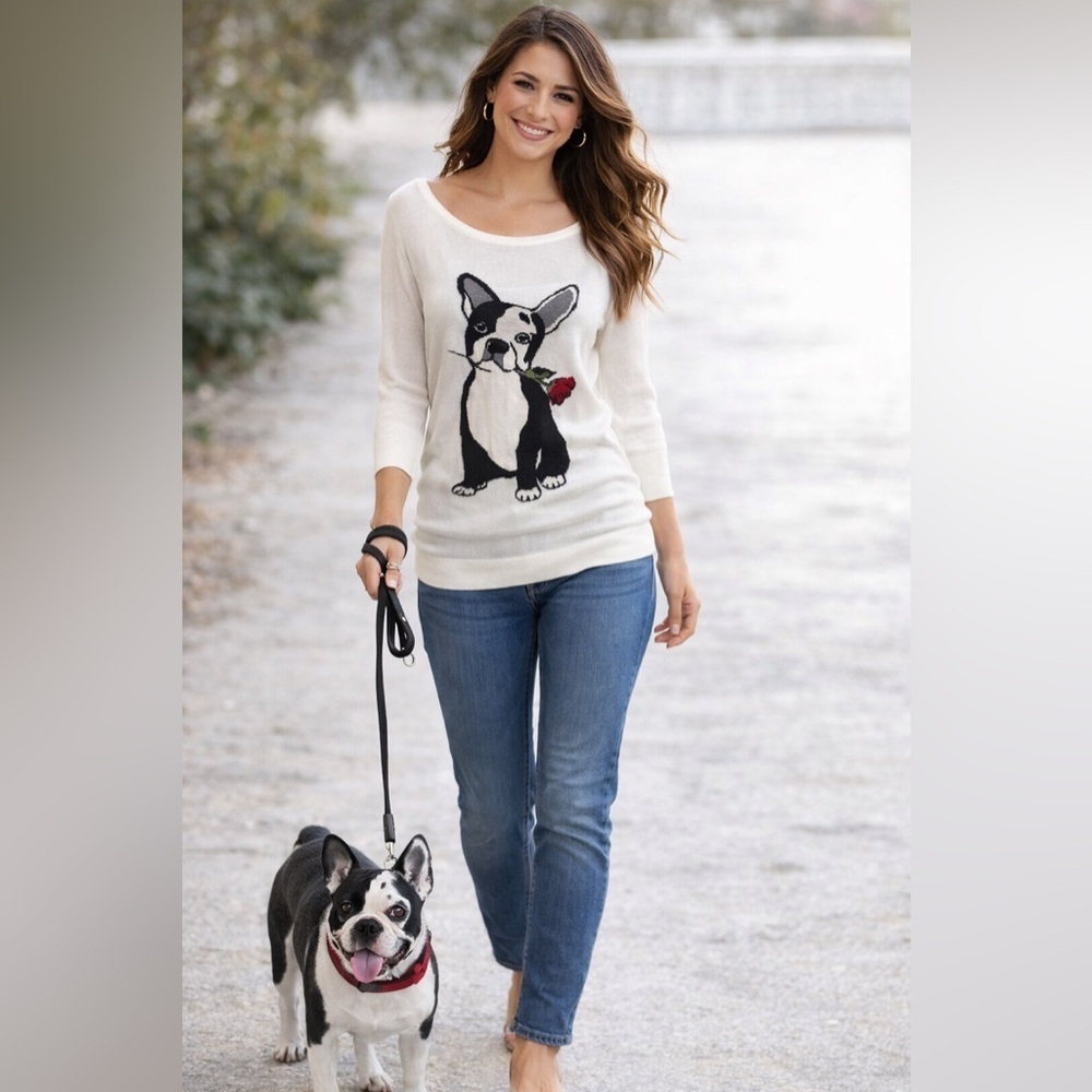 White House Black Market French Bulldog Sweater 3/4 Sleeve White Rose Sz S Soft
